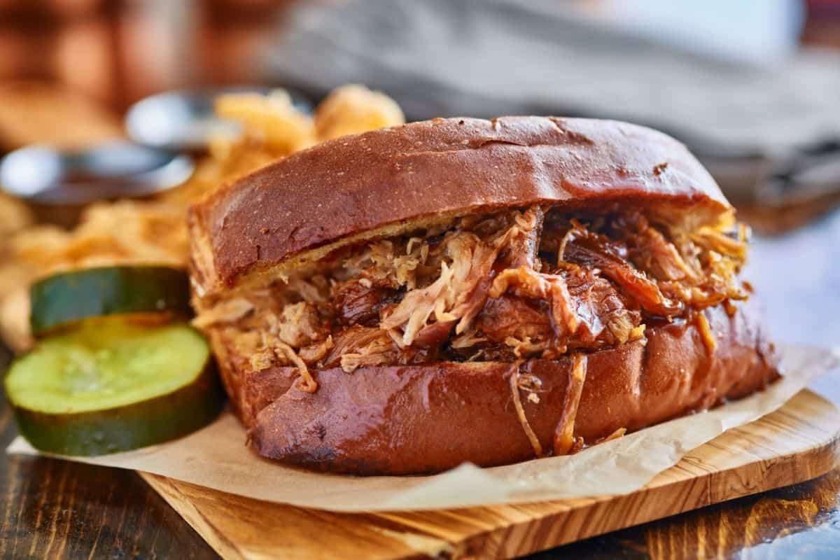 closeup of pulled pork sandwich
