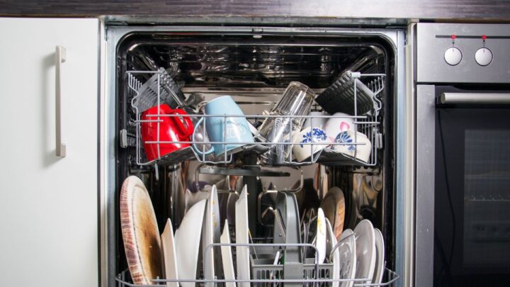 Dishwasher with dirty plates, cup and etc.
