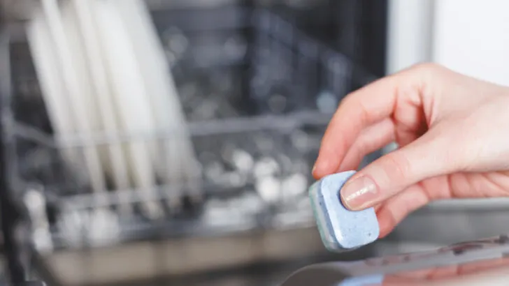 Woman putting tablet in dishwasher detergent box