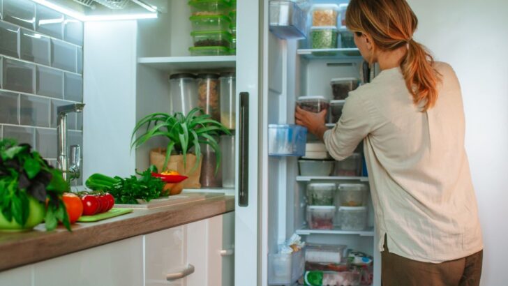 woman storing food in freezer