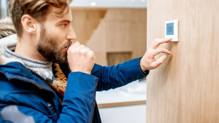 Man adjusting thermostat at home