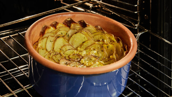 potato gratin baked in the oven using porcelain pot