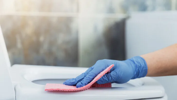 Woman hand cleaning toilet bowl